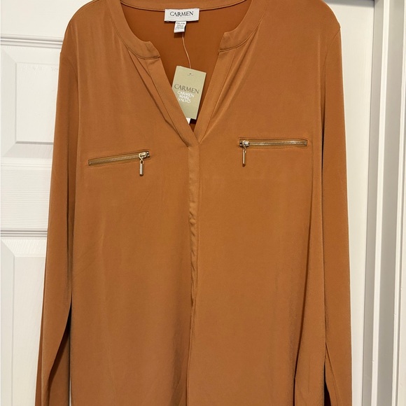 Carmen Marc Valvo Tops - Carmen Marc Valvo Burnt Orange V-Neck Blouse